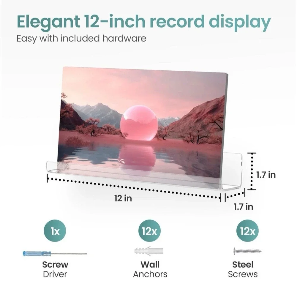 12-Inch Clear Acrylic Floating Shelf Set (8) | Wall Mount Vinyl Record Display